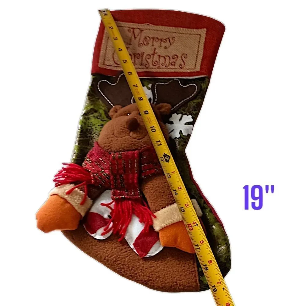 Reindeer‎ Moose Christmas Stocking Plush Folk Art Cabin Rustic Farmhouse Holiday